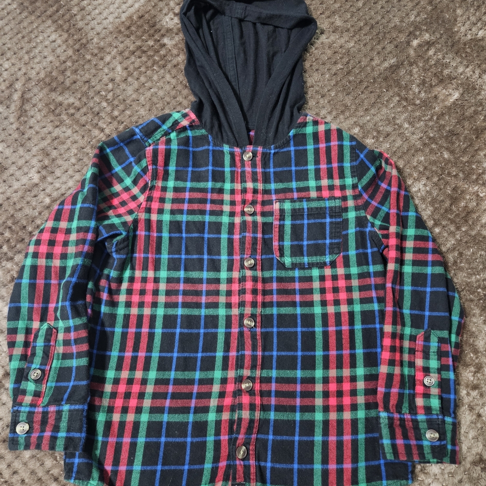 art class Black Plaid Hooded Button-Down Shirt with Red, Green, Blue